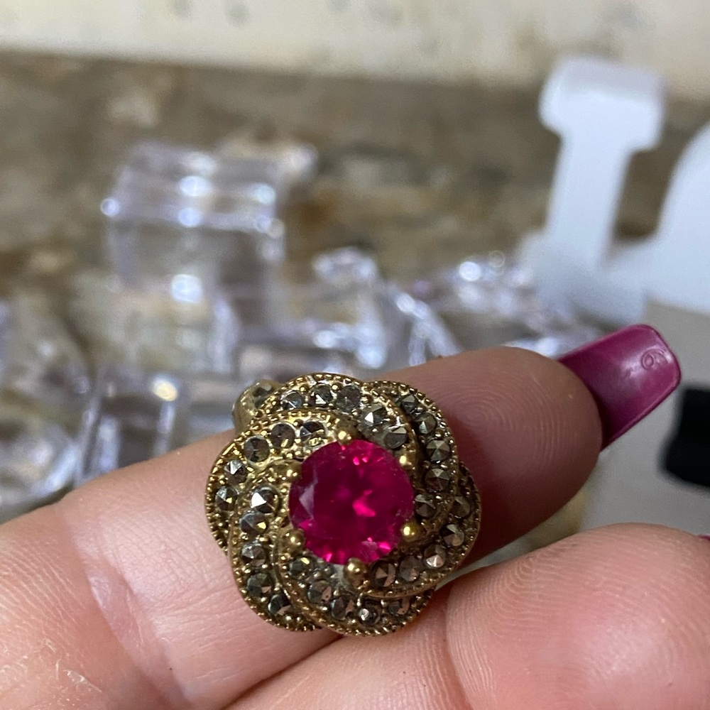 Vintage Two Tone Marcasite Ruby Ring - image 2